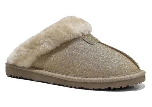 Ladies Ella Sparkle Faux Fur Lined Suedette Slippers Mules Memory Foam Vegan Gold -Shoes Sale Store f01352gol 1