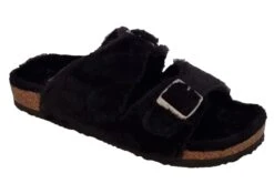 Ladies Ella Black Jessica Double Buckle Fleece Lined Mule Slipper