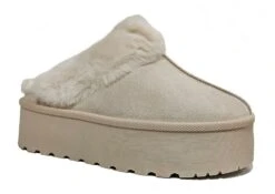 Trending Beige Aesthetic Platform Slippers Shoes Fur Mule Ladies Fashion Size