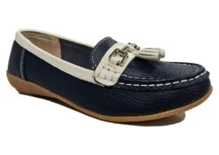 Womens Leather Wide Fit Comfort Tassel Loafers Flat Summer Shoes Size 3 4 5 6 7 8 Navy