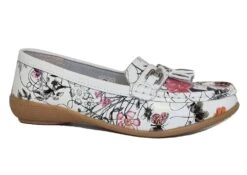 Womens Ladies Botanical White Floral Leather Wide Fit Comfort Tassel Loafers Flat Summer Shoes