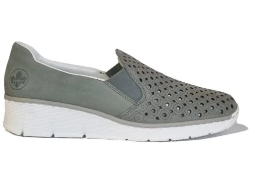 Ladies Rieker Low Wedge Casual Summer Green Leather Slip On Shoes -Shoes Sale Store l01621e2