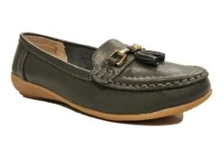 Womens Leather Wide Fit Comfort Tassel Loafers Flat Summer Shoes Size 3 4 5 6 7 8 Grey